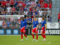 USA players await a goal review during the friendly soccer match between the United States Men's National Team and New Zealand at TQL Stadiu...