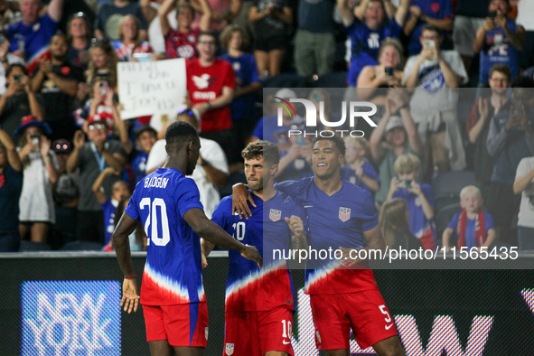 USA players celebrate a goal during the friendly soccer match between the United States Men's National Team and New Zealand at TQL Stadium i...