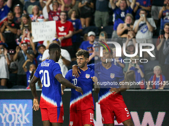 USA players celebrate a goal during the friendly soccer match between the United States Men's National Team and New Zealand at TQL Stadium i...