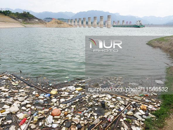 A small amount of floating objects is seen in the backbend of part of the Three Gorges Reservoir in Yichang, Hubei province, China, on Septe...