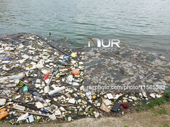 A small amount of floating objects is seen in the backbend of part of the Three Gorges Reservoir in Yichang, Hubei province, China, on Septe...