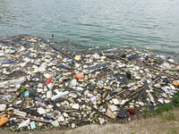 A small amount of floating objects is seen in the backbend of part of the Three Gorges Reservoir in Yichang, Hubei province, China, on Septe...