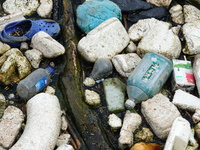 A small amount of floating objects is seen in the backbend of part of the Three Gorges Reservoir in Yichang, Hubei province, China, on Septe...