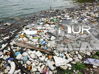 A small amount of floating objects is seen in the backbend of part of the Three Gorges Reservoir in Yichang, Hubei province, China, on Septe...