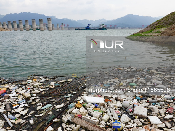 A small amount of floating objects is seen in the backbend of part of the Three Gorges Reservoir in Yichang, Hubei province, China, on Septe...