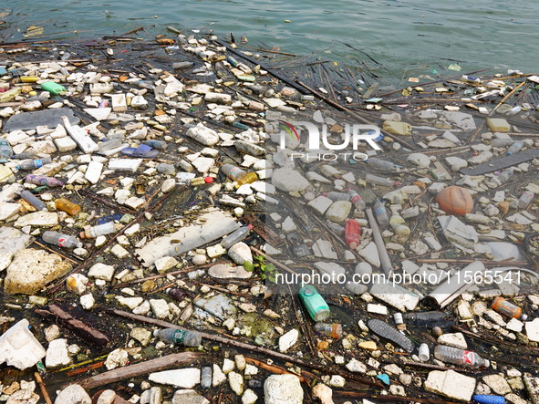 A small amount of floating objects is seen in the backbend of part of the Three Gorges Reservoir in Yichang, Hubei province, China, on Septe...