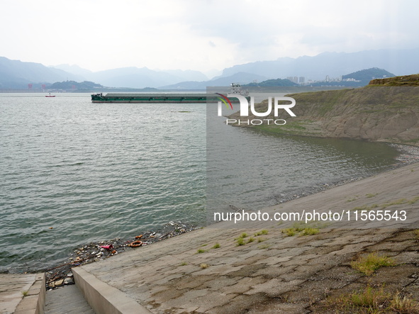 A small amount of floating objects is seen in the backbend of part of the Three Gorges Reservoir in Yichang, Hubei province, China, on Septe...