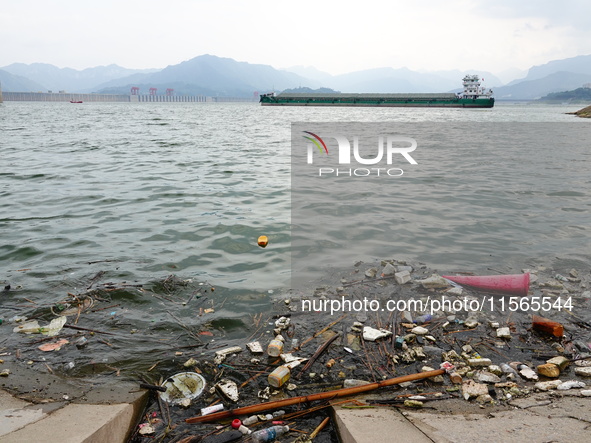 A small amount of floating objects is seen in the backbend of part of the Three Gorges Reservoir in Yichang, Hubei province, China, on Septe...