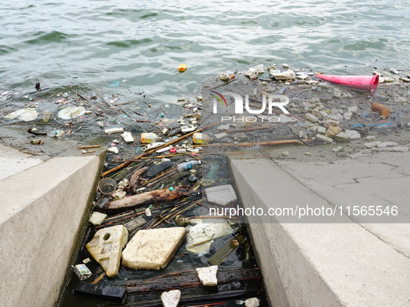 A small amount of floating objects is seen in the backbend of part of the Three Gorges Reservoir in Yichang, Hubei province, China, on Septe...