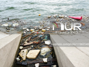 A small amount of floating objects is seen in the backbend of part of the Three Gorges Reservoir in Yichang, Hubei province, China, on Septe...