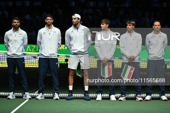 The Italy team during the 2024 Davis Cup Finals Group Stage match between Italy and Brazil at Unipol Arena in Bologna, Italy, on September 1...