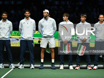 The Italy team during the 2024 Davis Cup Finals Group Stage match between Italy and Brazil at Unipol Arena in Bologna, Italy, on September 1...