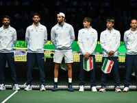 The Italy team during the 2024 Davis Cup Finals Group Stage match between Italy and Brazil at Unipol Arena in Bologna, Italy, on September 1...