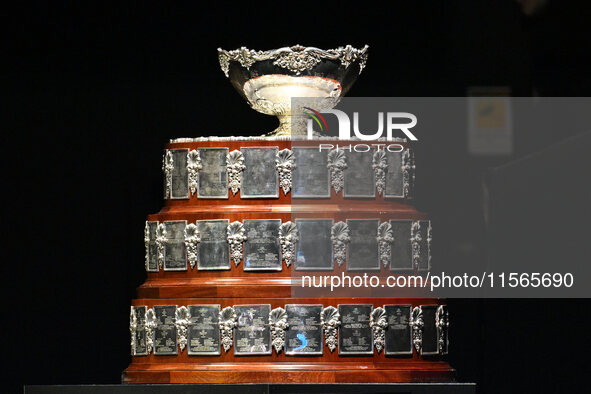 The Davis Cup trophy during the 2024 Davis Cup Finals Group Stage match between Italy and Brazil at Unipol Arena on September 11, 2024, in B...