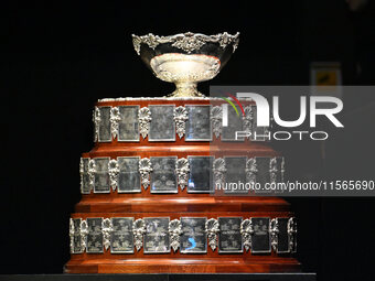 The Davis Cup trophy during the 2024 Davis Cup Finals Group Stage match between Italy and Brazil at Unipol Arena on September 11, 2024, in B...