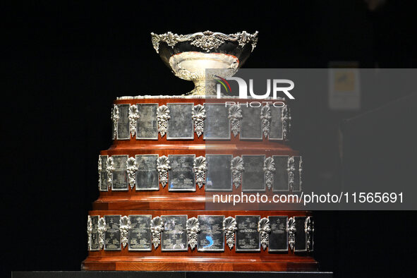 The Davis Cup trophy during the 2024 Davis Cup Finals Group Stage match between Italy and Brazil at Unipol Arena on September 11, 2024, in B...