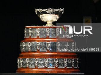 The Davis Cup trophy during the 2024 Davis Cup Finals Group Stage match between Italy and Brazil at Unipol Arena on September 11, 2024, in B...