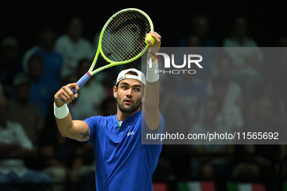 Matteo Berrettini (ITA) is in action during the 2024 Davis Cup Finals Group Stage Bologna match between Italy and Brazil at Unipol Arena in...