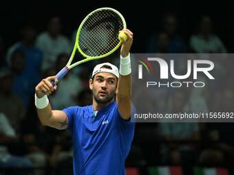 Matteo Berrettini (ITA) is in action during the 2024 Davis Cup Finals Group Stage Bologna match between Italy and Brazil at Unipol Arena in...