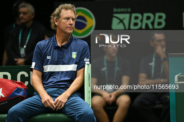 Jaime Oncins coaches Brazil during the 2024 Davis Cup Finals Group Stage match between Italy and Brazil at Unipol Arena in Bologna, Italy, o...