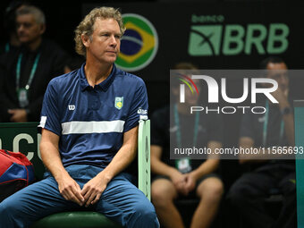 Jaime Oncins coaches Brazil during the 2024 Davis Cup Finals Group Stage match between Italy and Brazil at Unipol Arena in Bologna, Italy, o...