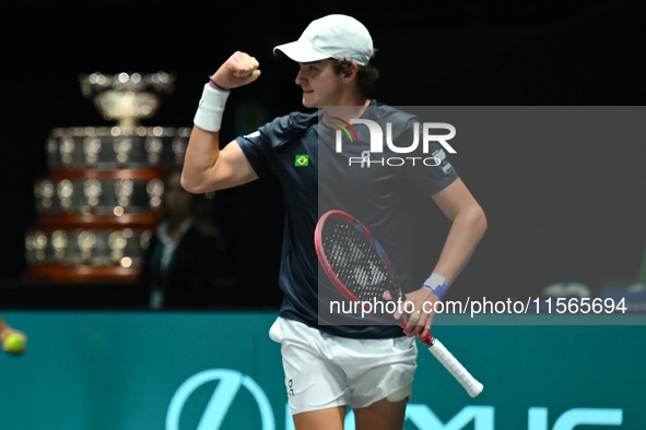 Joao Fonseca (BRA) competes during the 2024 Davis Cup Finals Group Stage match between Italy and Brazil at Unipol Arena in Bologna, Italy, o...