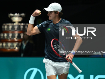 Joao Fonseca (BRA) competes during the 2024 Davis Cup Finals Group Stage match between Italy and Brazil at Unipol Arena in Bologna, Italy, o...