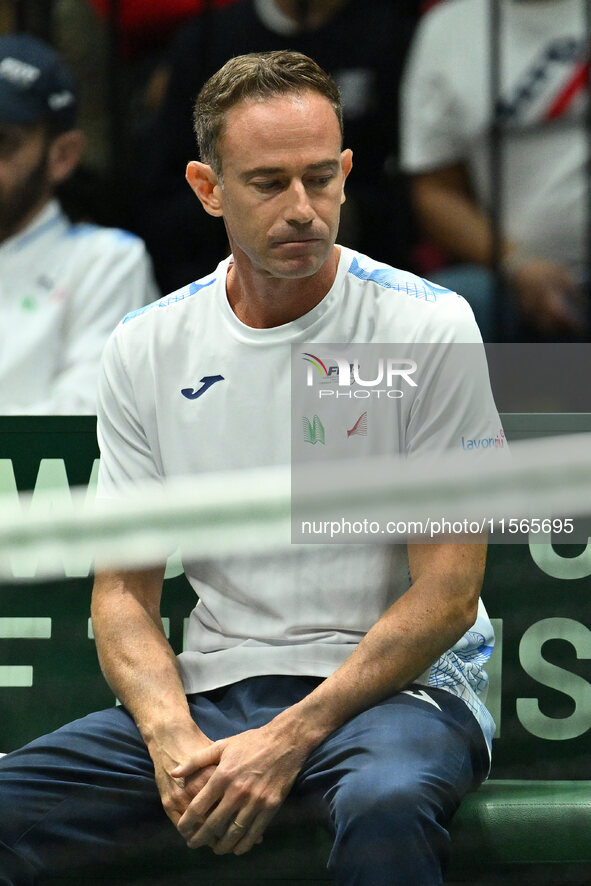 Filippo Volandri coaches Italy during the 2024 Davis Cup Finals Group Stage match between Italy and Brazil at Unipol Arena in Bologna, Italy...