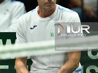 Filippo Volandri coaches Italy during the 2024 Davis Cup Finals Group Stage match between Italy and Brazil at Unipol Arena in Bologna, Italy...