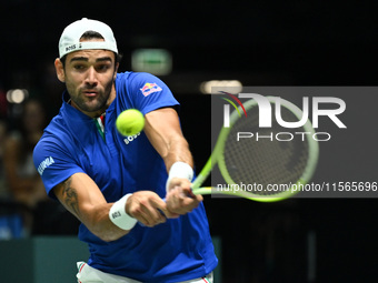 Matteo Berrettini (ITA) is in action during the 2024 Davis Cup Finals Group Stage Bologna match between Italy and Brazil at Unipol Arena in...