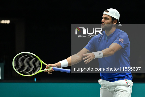 Matteo Berrettini (ITA) is in action during the 2024 Davis Cup Finals Group Stage Bologna match between Italy and Brazil at Unipol Arena in...