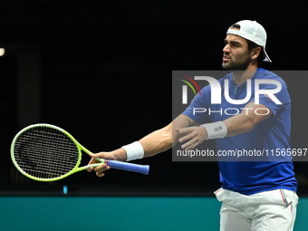 Matteo Berrettini (ITA) is in action during the 2024 Davis Cup Finals Group Stage Bologna match between Italy and Brazil at Unipol Arena in...