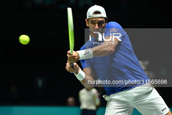 Matteo Berrettini (ITA) is in action during the 2024 Davis Cup Finals Group Stage Bologna match between Italy and Brazil at Unipol Arena in...