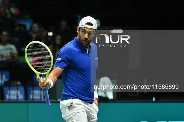 Matteo Berrettini (ITA) is in action during the 2024 Davis Cup Finals Group Stage Bologna match between Italy and Brazil at Unipol Arena in...