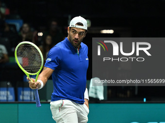 Matteo Berrettini (ITA) is in action during the 2024 Davis Cup Finals Group Stage Bologna match between Italy and Brazil at Unipol Arena in...