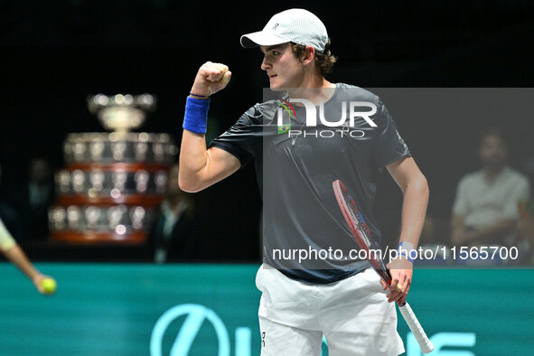 Joao Fonseca (BRA) competes during the 2024 Davis Cup Finals Group Stage match between Italy and Brazil at Unipol Arena in Bologna, Italy, o...