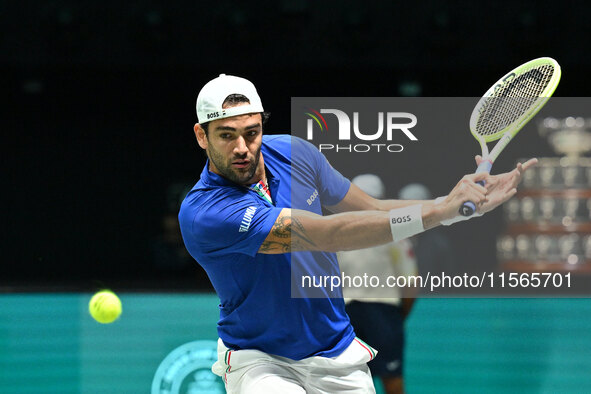 Matteo Berrettini (ITA) is in action during the 2024 Davis Cup Finals Group Stage Bologna match between Italy and Brazil at Unipol Arena in...