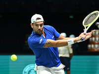 Matteo Berrettini (ITA) is in action during the 2024 Davis Cup Finals Group Stage Bologna match between Italy and Brazil at Unipol Arena in...