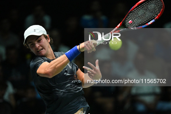 Joao Fonseca (BRA) competes during the 2024 Davis Cup Finals Group Stage match between Italy and Brazil at Unipol Arena in Bologna, Italy, o...