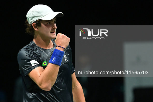 Joao Fonseca (BRA) competes during the 2024 Davis Cup Finals Group Stage match between Italy and Brazil at Unipol Arena in Bologna, Italy, o...