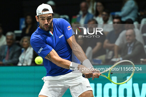 Matteo Berrettini (ITA) is in action during the 2024 Davis Cup Finals Group Stage Bologna match between Italy and Brazil at Unipol Arena in...