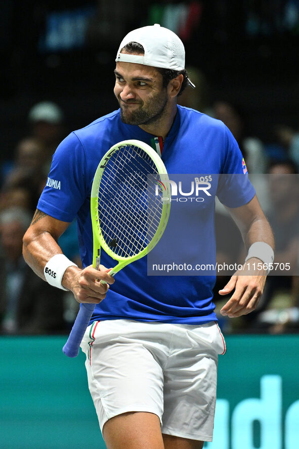 Matteo Berrettini (ITA) is in action during the 2024 Davis Cup Finals Group Stage Bologna match between Italy and Brazil at Unipol Arena in...