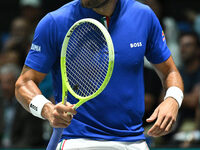 Matteo Berrettini (ITA) is in action during the 2024 Davis Cup Finals Group Stage Bologna match between Italy and Brazil at Unipol Arena in...