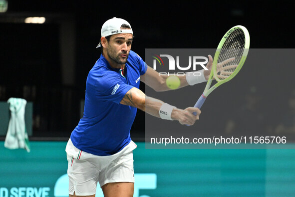 Matteo Berrettini (ITA) is in action during the 2024 Davis Cup Finals Group Stage Bologna match between Italy and Brazil at Unipol Arena in...