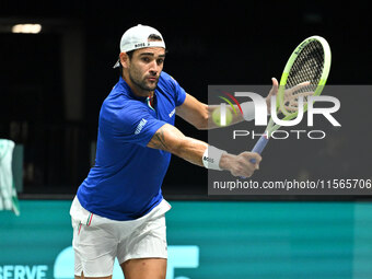 Matteo Berrettini (ITA) is in action during the 2024 Davis Cup Finals Group Stage Bologna match between Italy and Brazil at Unipol Arena in...