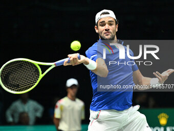 Matteo Berrettini (ITA) is in action during the 2024 Davis Cup Finals Group Stage Bologna match between Italy and Brazil at Unipol Arena in...