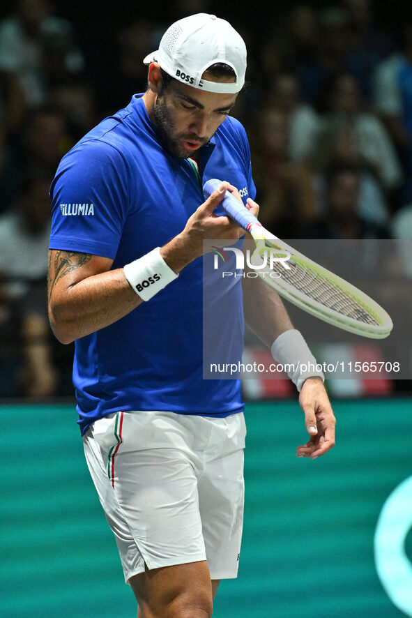 Matteo Berrettini (ITA) is in action during the 2024 Davis Cup Finals Group Stage Bologna match between Italy and Brazil at Unipol Arena in...