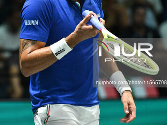 Matteo Berrettini (ITA) is in action during the 2024 Davis Cup Finals Group Stage Bologna match between Italy and Brazil at Unipol Arena in...