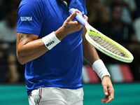 Matteo Berrettini (ITA) is in action during the 2024 Davis Cup Finals Group Stage Bologna match between Italy and Brazil at Unipol Arena in...