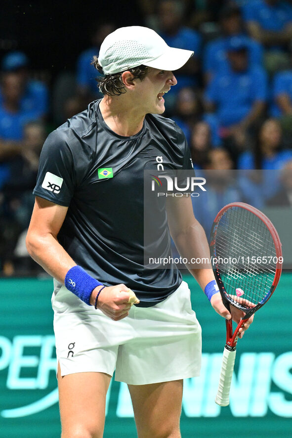 Joao Fonseca (BRA) competes during the 2024 Davis Cup Finals Group Stage match between Italy and Brazil at Unipol Arena in Bologna, Italy, o...